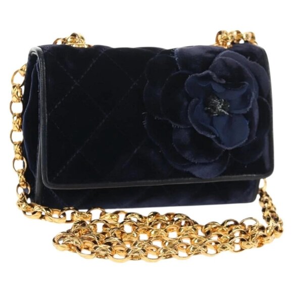 CHANEL Camellia Matelasse Flap Chain Bag Velor Navy Gold CC Auth bs29963V - Picture 1 of 16